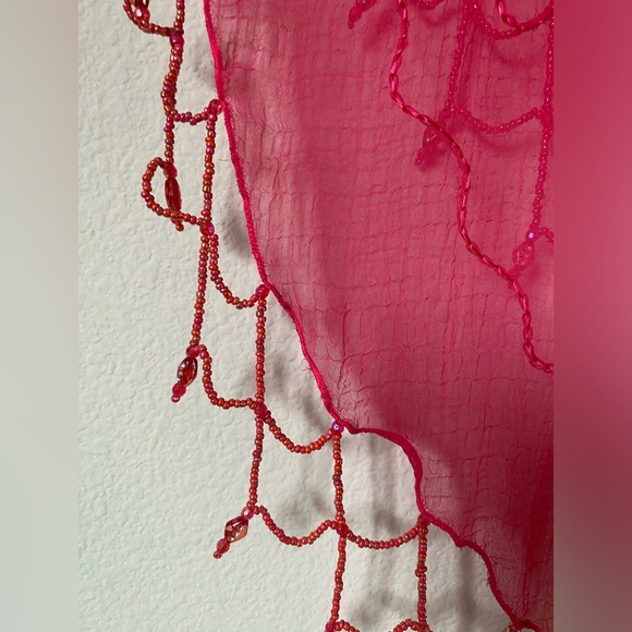 Sheer Hot Pink Scarf with Embroidery & Beaded Trim - Picture 3 of 4
